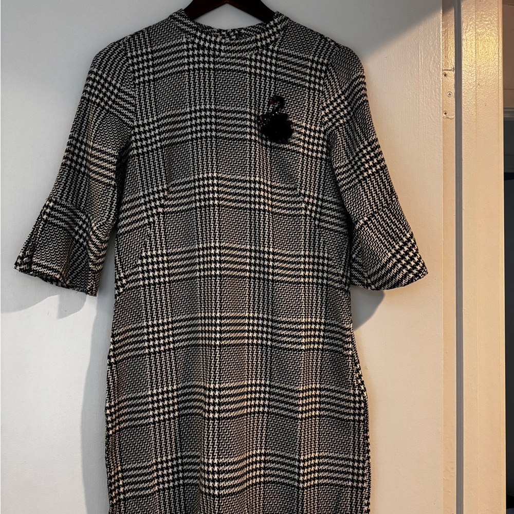 Black and White Plaid Dress with Floral Accent